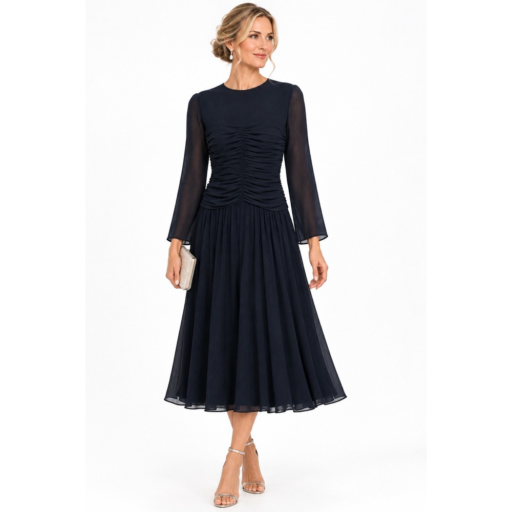 Black Ruched Bodice Long Sleeve Pleated Midi Dress Sheer Sleeves A.J BARI Sz 12